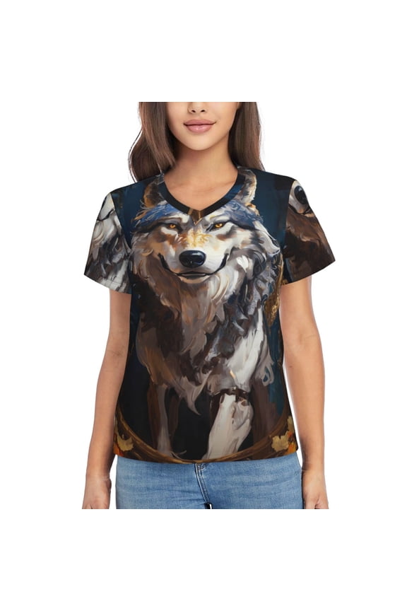 Oil Painting Tribal Wolf for Women's V-Neck T-Shirts-Elegant Half-Sleeve Tops Perfect for Summer-Medium