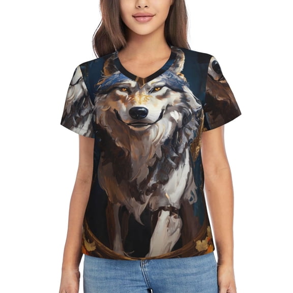 Xecao Oil Painting Tribal Wolf for Women's V-Neck T-Shirts-Elegant Half-Sleeve Tops Perfect for Summer-Small