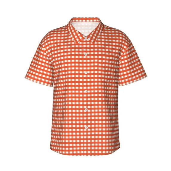Xecao Orange Gingham print Hawaiian shirt - a stylish short-sleeve button-down for men, perfect for casual beach and tropical outings.