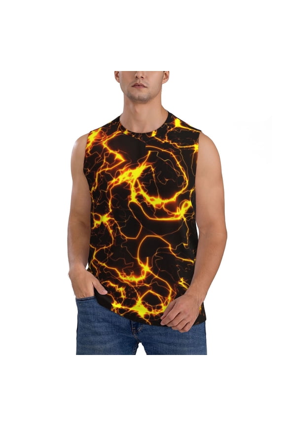 Orange Lightning Print Men's Tank Top: Sleek Sleeveless Tee for Casual Sports and Beach Occasions-Small