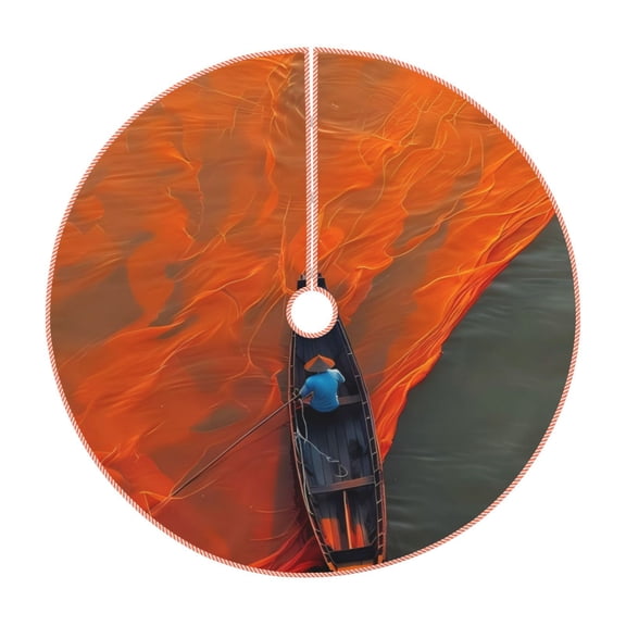 Xecao Orange Net Fishing Boat Pattern Christmas Tree Skirt Holiday Part Decorations for Christmas Tree, Farmhouse Christmas Decor Xmas Holiday Home Party Decorations-30"