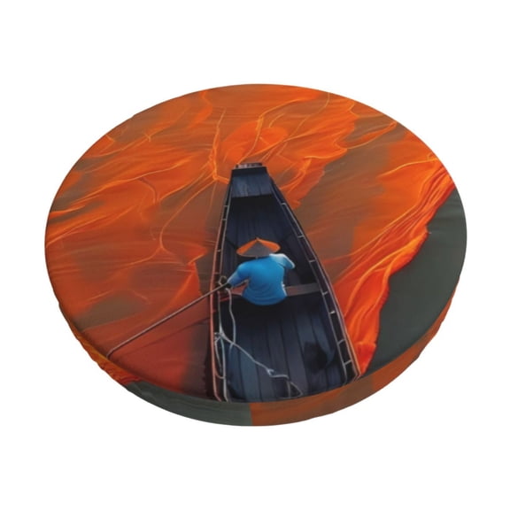 Xecao Orange Net Fishing Boat Print Stool Covers Offer Stylish, Washable Protection for PU Round Bar Stools, Perfect for Home or Commercial Use.-14 inch