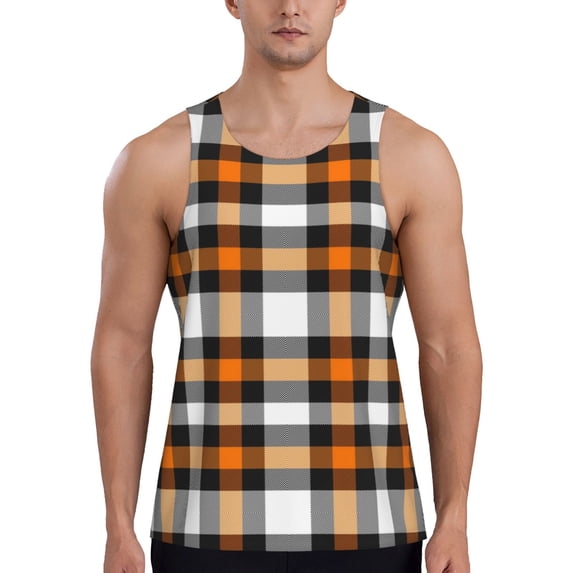 Xecao Orange Plaid Men's Tank Top Workout Quick Dry Sleeveless Gym Jogging Muscle Shirts Summer Swim Beach Tops