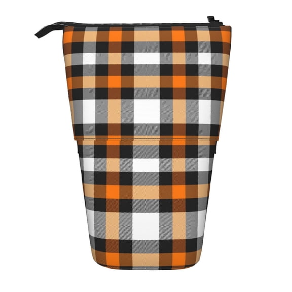 Xecao Orange Plaid Print Telescopic Pencil Bag Pen Holder Pop Up Stationery Case Stand-up Retractable Transformer Bag Standing Organizer