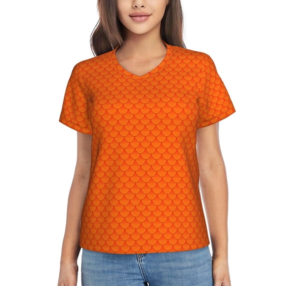 Xecao Orange Scales for Women's V-Neck T-Shirts-Elegant Half-Sleeve Tops Perfect for Summer-Medium