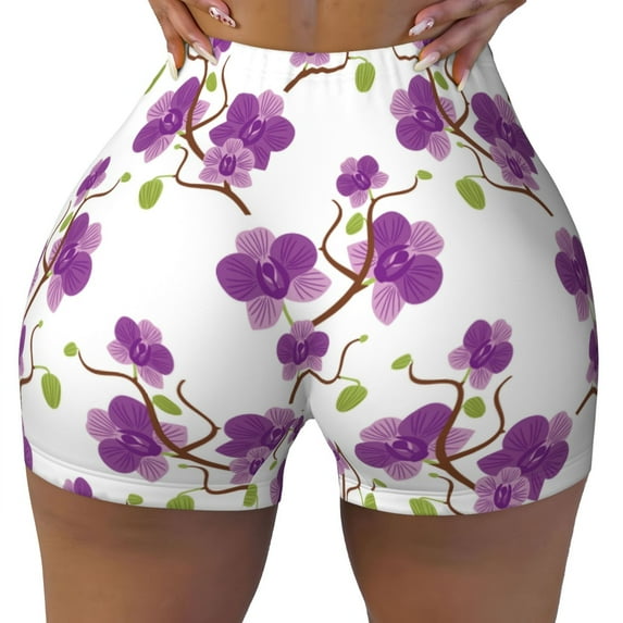Xecao Orchids Flowers Print Workout Shorts for Women Soft Smooth Gym Yoga Scrunch Active Tennis Workout Running Shorts