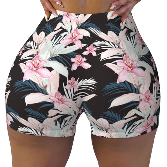 Xecao Orchids Flowers Print Workout Shorts for Women Soft Smooth Gym Yoga Scrunch Active Tennis Workout Running Shorts
