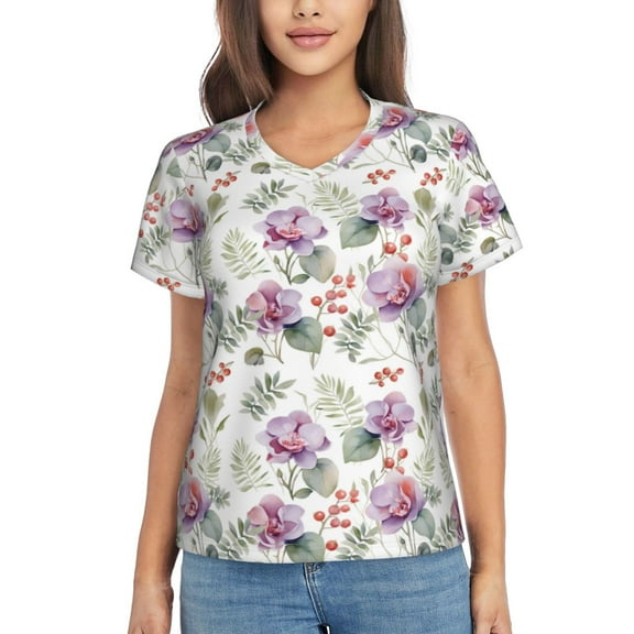 Xecao Orchids Flowers for Women's V-Neck T-Shirts-Elegant Half-Sleeve Tops Perfect for Summer-Small