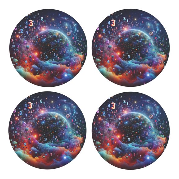 Xecao Outer Space Floating Numbers And Letters for MDF Cork Coaster 4 Pcs,Drink Coasters,Suit for House Warming Gifts New Home ,Coffee Table Decor-Round Shape