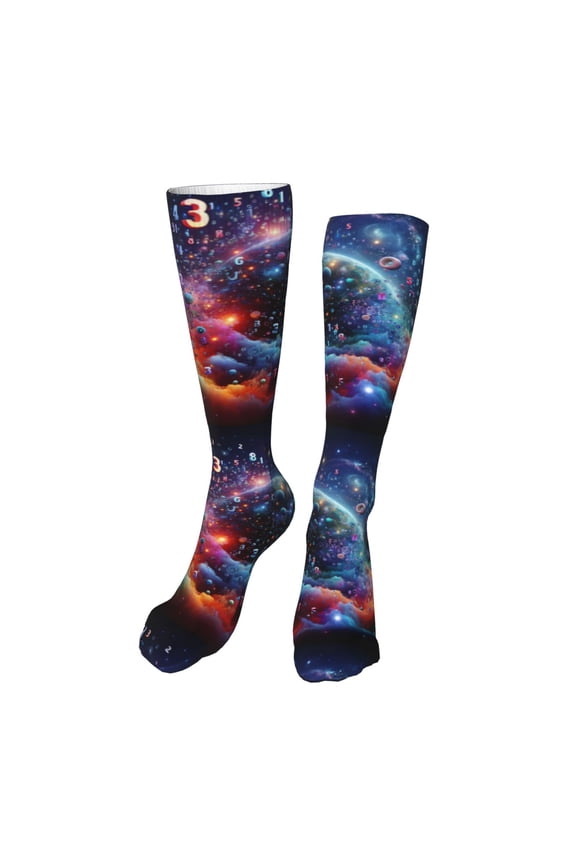 Outer Space Floating Numbers And Letters Print Calf Socks Seamless Toe, Knee High Long Socks, Sports Socks Trouser Socks for Women and Men-One Size