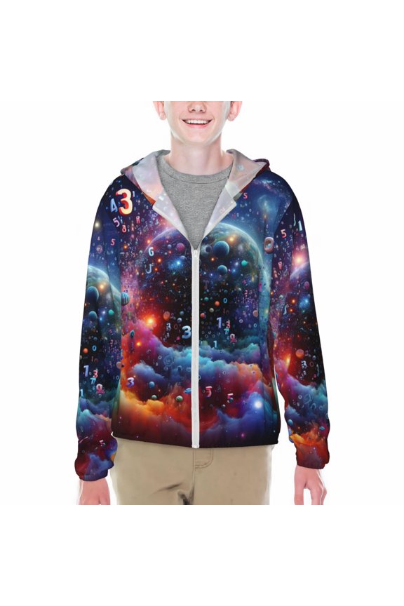 Outer Space Floating Numbers And Letters Print Fishing Shirts for teenager Long Sleeve UV Sun Protection Hoodie with Zipper Outdoor Hiking Shirts-Large