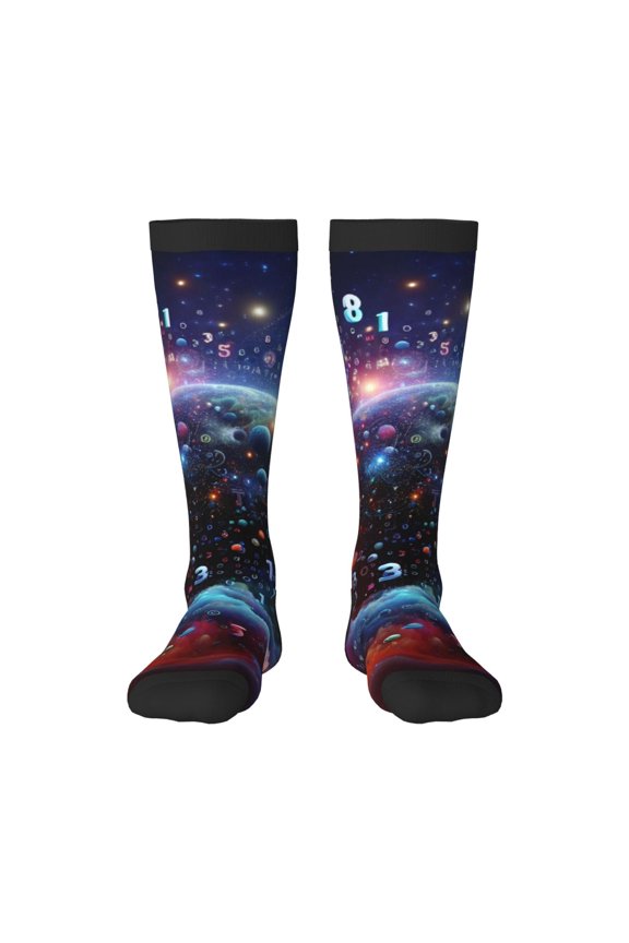 Outer Space Floating Numbers And Letters print thigh-high socks, crafted for both men and women with a stretchy, high-opaque design perfect for daily wear