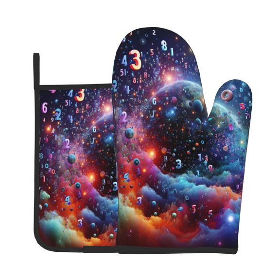 Xecao Outer Space Floating Numbers And Letters Pattern Oven Mitts and Pot Holders Sets Heat Resistant Silicone Oven Mittens Extra Thicken Long Kitchen Cotton Oven Glove for Cooking