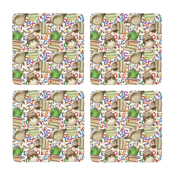 Xecao Owl Back To School for MDF Cork Coaster 4 Pcs,Drink Coasters,Suit for House Warming Gifts New Home ,Coffee Table Decor-Square