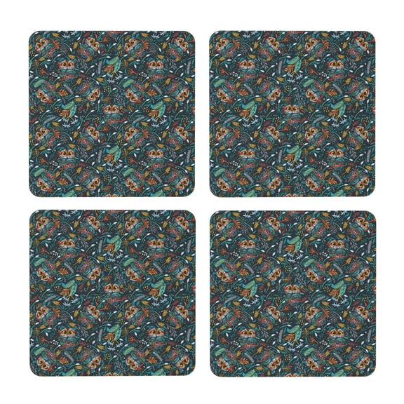 Xecao Owl Doodle for MDF Cork Coaster 4 Pcs,Drink Coasters,Suit for House Warming Gifts New Home ,Coffee Table Decor-Square