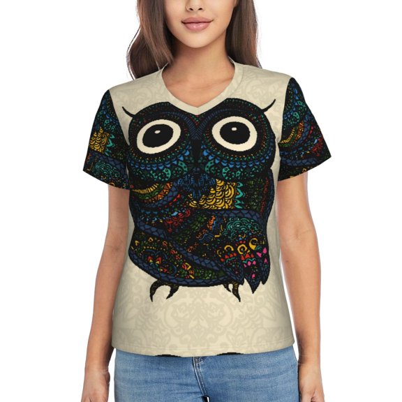 Xecao Owl with Mandala for Women's V-Neck T-Shirts-Elegant Half-Sleeve Tops Perfect for Summer-3X-Large