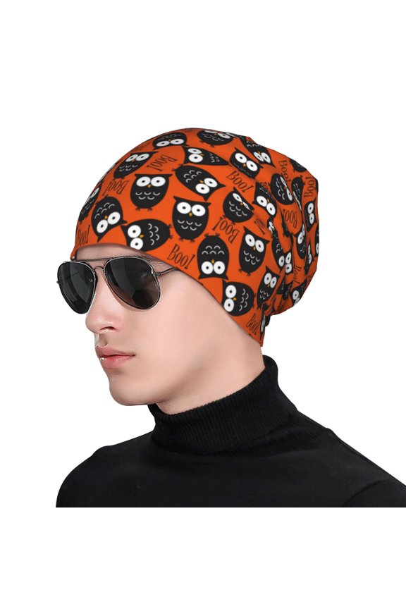 Owls And Boo Print Beanie Knitted Hat for Men Women, Winter Fashion Knit Cuffed Caps Unisex