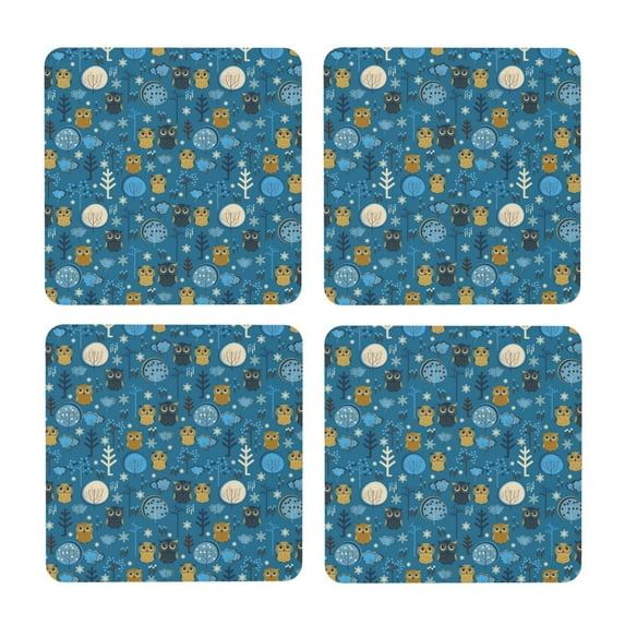 Xecao Owls And Trees for MDF Cork Coaster 4 Pcs,Drink Coasters,Suit for House Warming Gifts New Home ,Coffee Table Decor-Square