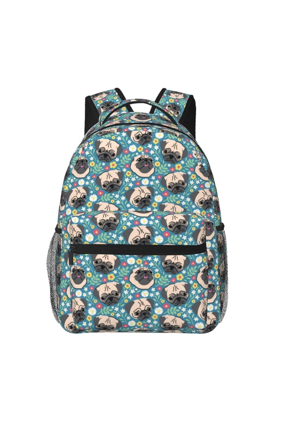 PUG HEAD And Flower Backpack, a stylish and functional choice for both men and women, is the perfect basic bookbag for college, work, or travel