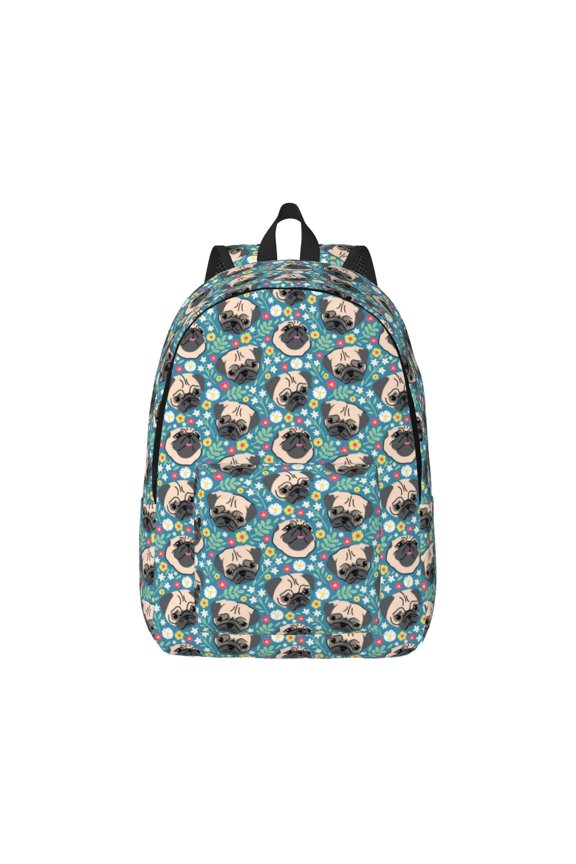 PUG HEAD And Flower for Canvas College Laptop Backpack, Durable Rucksack Travel Notebook Bag School Backpack Book Bag for Men Women