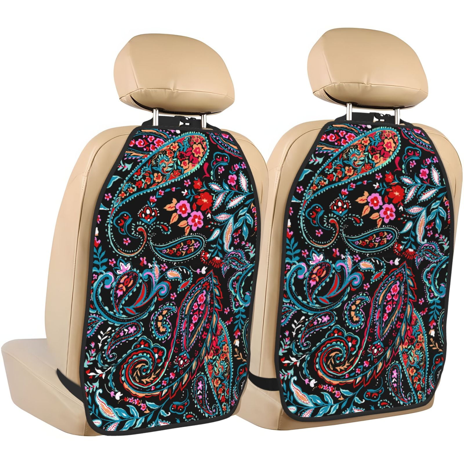 Xecao Paisley Pattern Car Seat Back Protector 2 Pack Large Capacity Pocket, Kick Mats Back Seat Protector