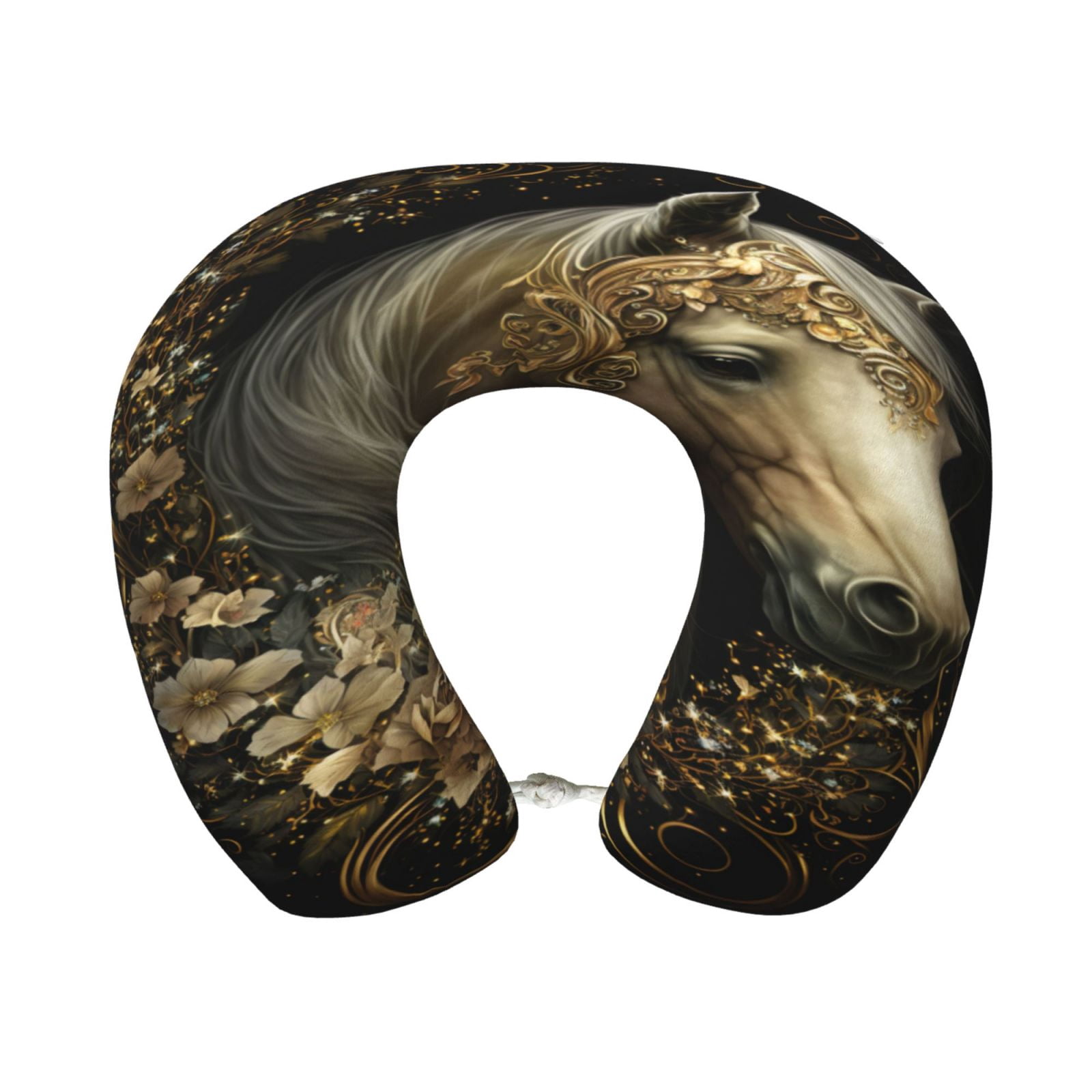 Xecao Palatial Gold Pattern Horse Print Memory Foam Cervical Neck Pillow Versatile U-Shaped Pillows for Home,Office,Camping,Travelling,Soft Washable Cover