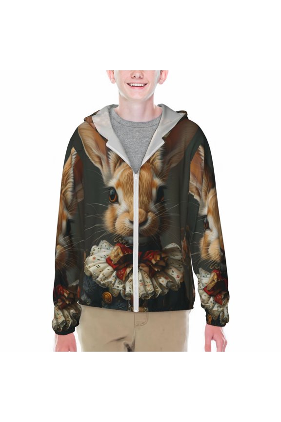 Palatial Style Flower Rabbit Print Fishing Shirts for teenager Long Sleeve UV Sun Protection Hoodie with Zipper Outdoor Hiking Shirts-Medium