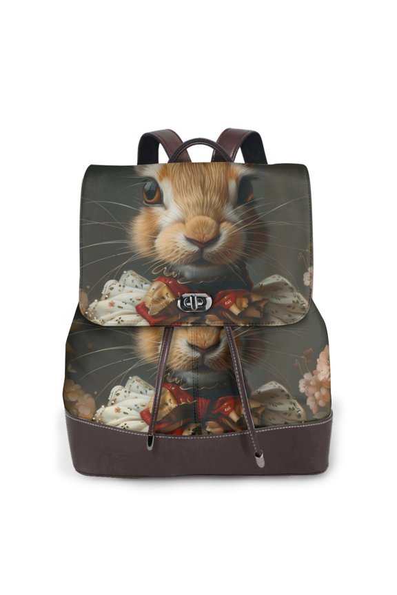 Palatial Style Flower Rabbit Print Large Backpack Soft Leather for Women Travel with Compartment, Adjustable Convertible Strap