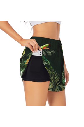 Palm Leaves And Exotic Birds for Double-layer Running Short for Women, Perfect for Gym, Tennis, and More, Featuring a Convenient Pocket-Large