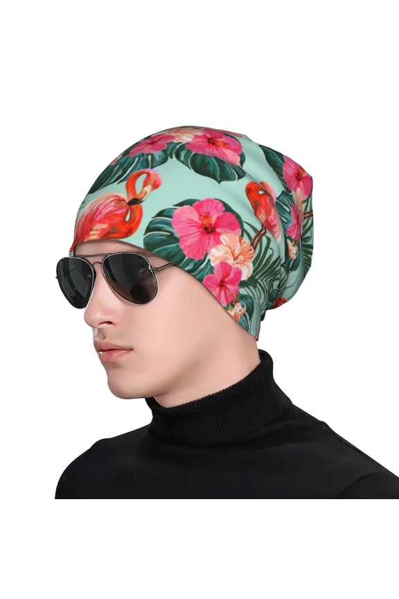 Palm Leaves Flamingo Print Beanie Knitted Hat for Men Women, Winter Fashion Knit Cuffed Caps Unisex