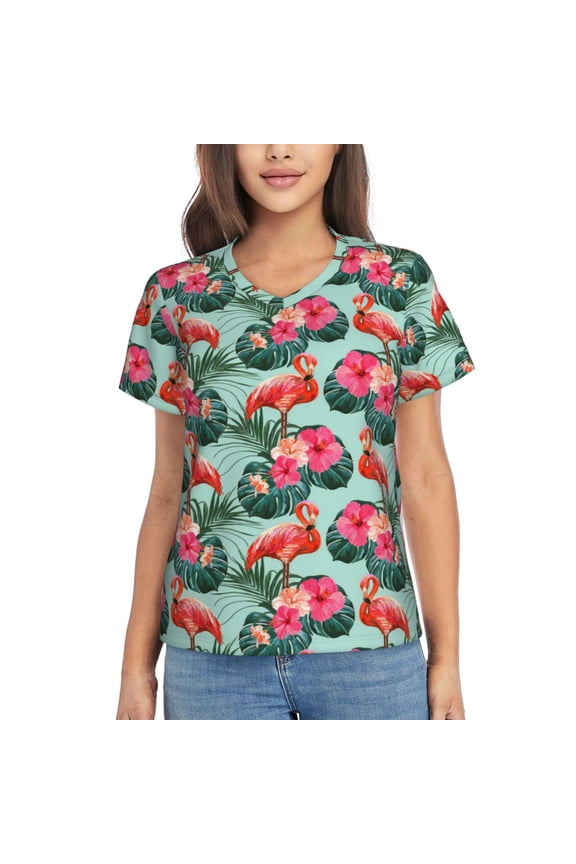 Palm Leaves Flamingo for Women's V-Neck T-Shirts-Elegant Half-Sleeve Tops Perfect for Summer-XX-Large