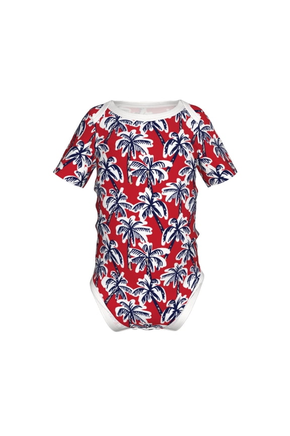 Palm Tree Pattern on Red Pattern Baby Climbing Bodysuit Short Sleeve Onesie Unisex 0-12 Months Baby Shirt Newborn Outfits Crotch snap design-2 Years