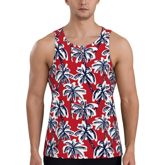 Xecao Palm Tree Pattern on Red Men's Tank Top Workout Quick Dry Sleeveless Gym Jogging Muscle Shirts Summer Swim Beach Tops