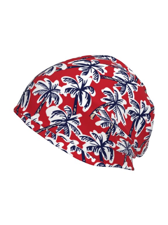 Palm Tree Pattern on Red Print Knit Hat,Winter Beanie for Men Women, Beanie Soft Warm Ski Stocking Cuffed Cap