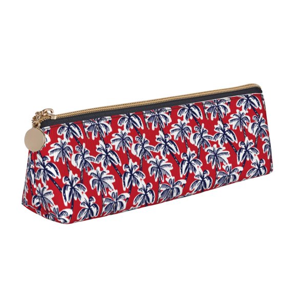 Xecao Palm Tree Pattern on Red Print Leather Pencil Case -Stationery Bag Pen Holder for Work & Office