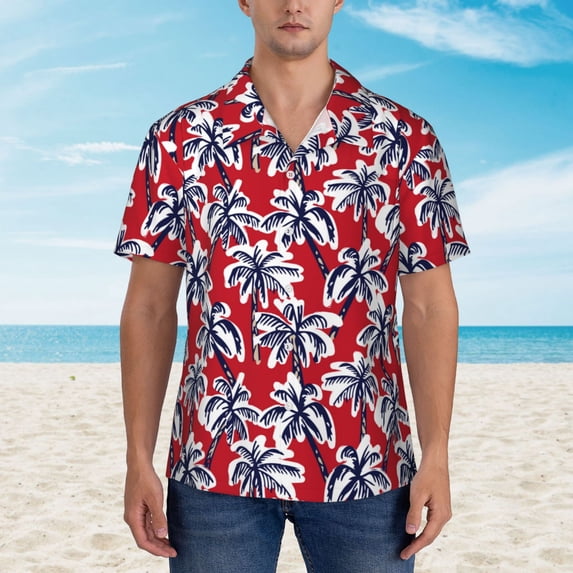 Xecao Palm Tree Pattern on Red print Hawaiian shirt - a stylish short-sleeve button-down for men, perfect for casual beach and tropical outings.