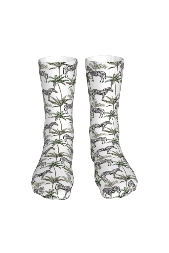 Palm Trees Zebra Print Fashion No Heel Casual Crew Socks Cushioned Breathable for Men Women - Moisture wicking,Not easy to fade Suitable for daily