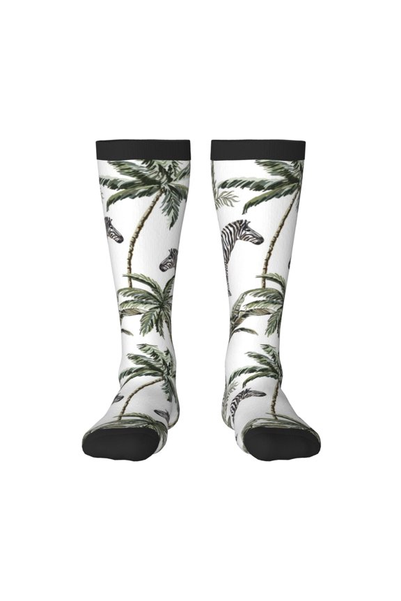 Palm Trees Zebra print thigh-high socks, crafted for both men and women with a stretchy, high-opaque design perfect for daily wear