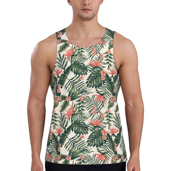 Xecao Palm Trees and Tropical Men's Tank Top Workout Quick Dry Sleeveless Gym Jogging Muscle Shirts Summer Swim Beach Tops