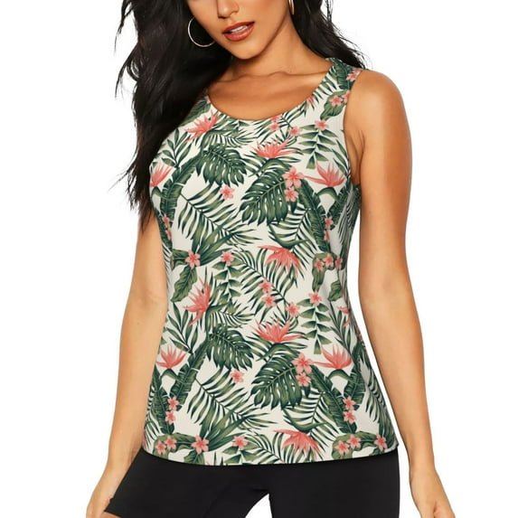 Xecao Palm Trees and Tropical print women's scoop neck, loose-fit workout tank tops for the gym.