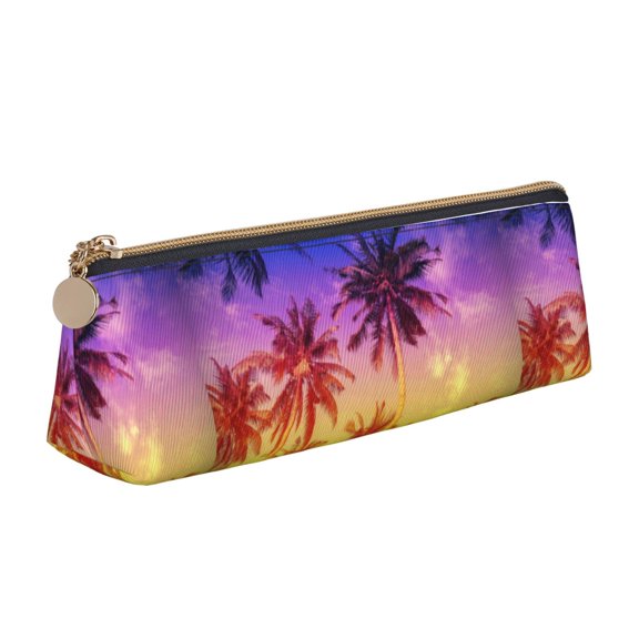 Xecao Palm Trees at Sunset Print Leather Pencil Case -Stationery Bag Pen Holder for Work & Office