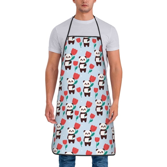 Xecao Panda And Rose Print Funny BBQ Chef Aprons for Men Women,Adjustable Kitchen Cooking Aprons with Pocket Waterproof Oil Proof No Pilling Fading