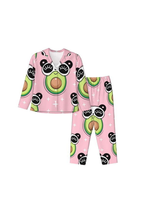 Panda Avocado Print Women Pajamas Set Soft Sleepwear Pjs long Sleeve Button Down Nightwear with Long Pants