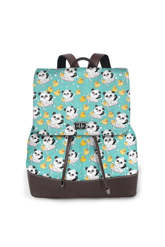 Panda Bathing Print Large Backpack Soft Leather for Women Travel with Compartment, Adjustable Convertible Strap