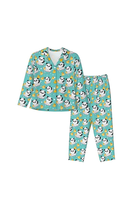 Panda Bathing Print Women Pajamas Set Soft Sleepwear Pjs long Sleeve Button Down Nightwear with Long Pants
