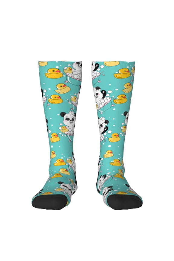 Panda Bathing print thigh-high socks, crafted for both men and women with a stretchy, high-opaque design perfect for daily wear