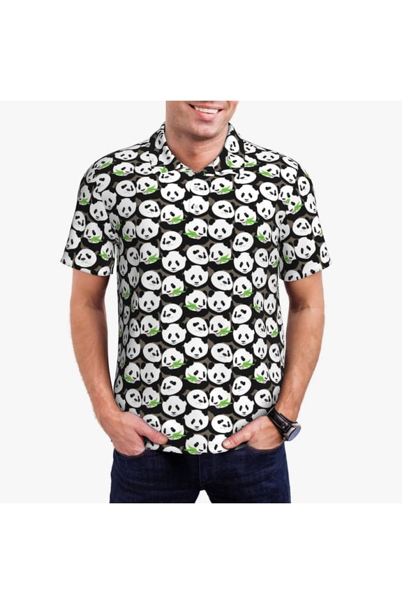 Panda Bear Mens' Casual Short Sleeve Button-Down Polo Shirts for a Classic Golf Shirts-Large