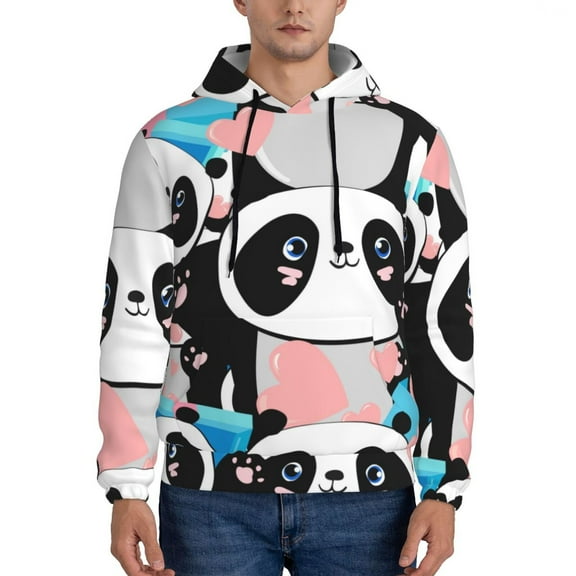 Xecao Panda Cute Pink Hearts Pattern Men's Adult Pullover Hoodie,Hooded Sweatshirt-3X-Large