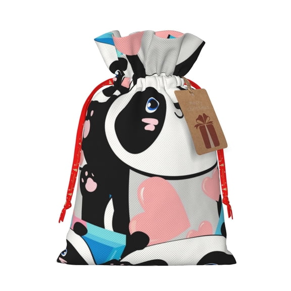 Xecao Panda Cute Pink Hearts Print Burlap Gift Bags with Drawstring and Gift Tags, Gift Bags, Burlap Bags, Jute Bags for Party, Christmas, DIY Craft Bags-Small