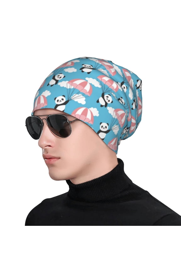 Panda Flying in the Sky Print Beanie Knitted Hat for Men Women, Winter Fashion Knit Cuffed Caps Unisex